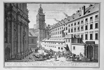 Vista del nuevo Observatorio en el Colegio Jesuita, Viena, mostrando también la biblioteca y la iglesia de Santa María Rotunda, grabado por Johann-August Corvinus (1683-1738) de Salomon Kleiner